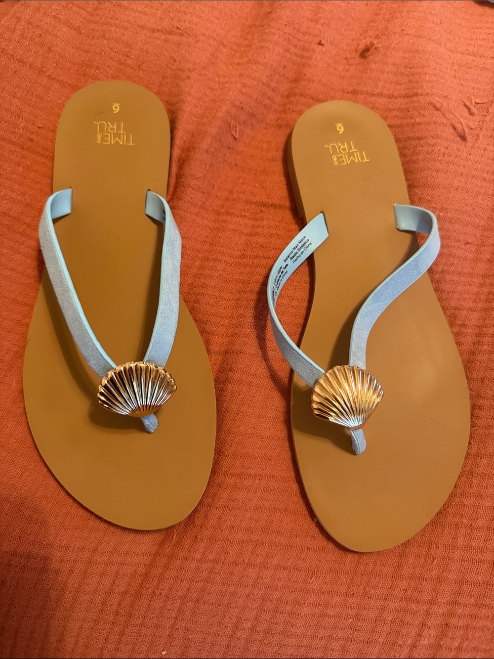 Time and Tru Light Blue Flip Sandals with Gold Shell Accent